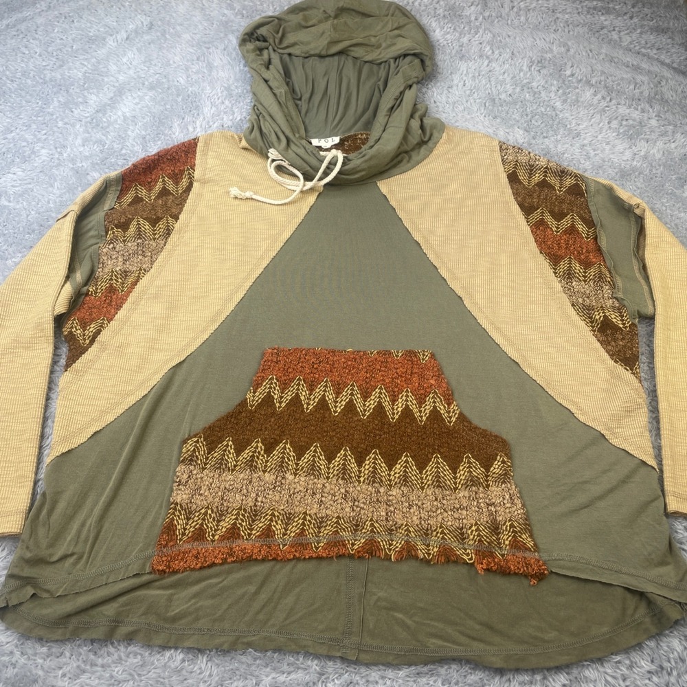 POL Hoodie Women Small Green Tan Mixed Media Patchwork Chevron Boho Oversized